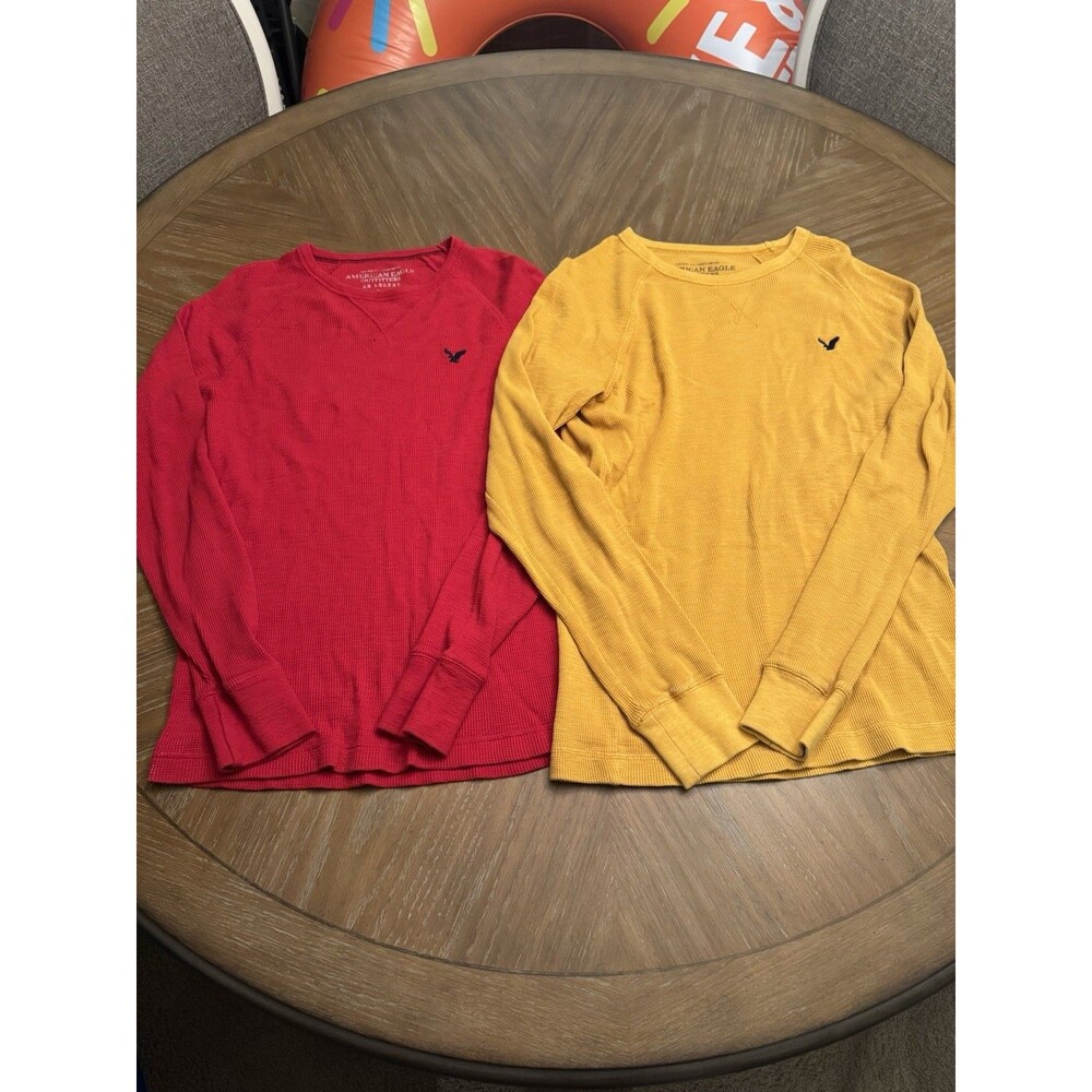 2 x American Eagle AE Legend L/S M Waffle Knit Thermal Shirts - Red / Gold